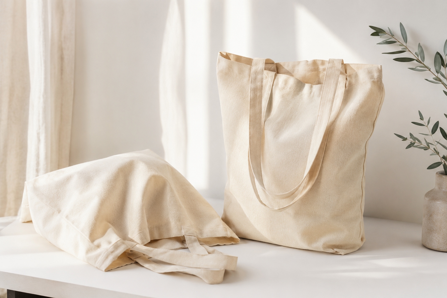 Due shopping bag in tessuto di cotone naturale con manici lunghi su una mensola bianca