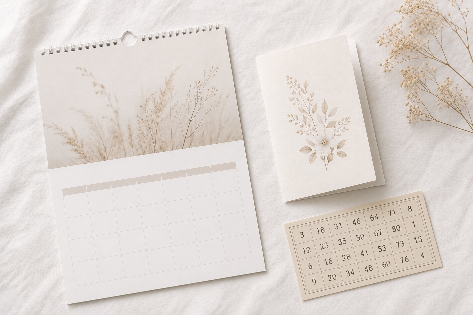 Calendario da parete con foto naturalistica, biglietto floreale e tessera numerata su tessuto bianco