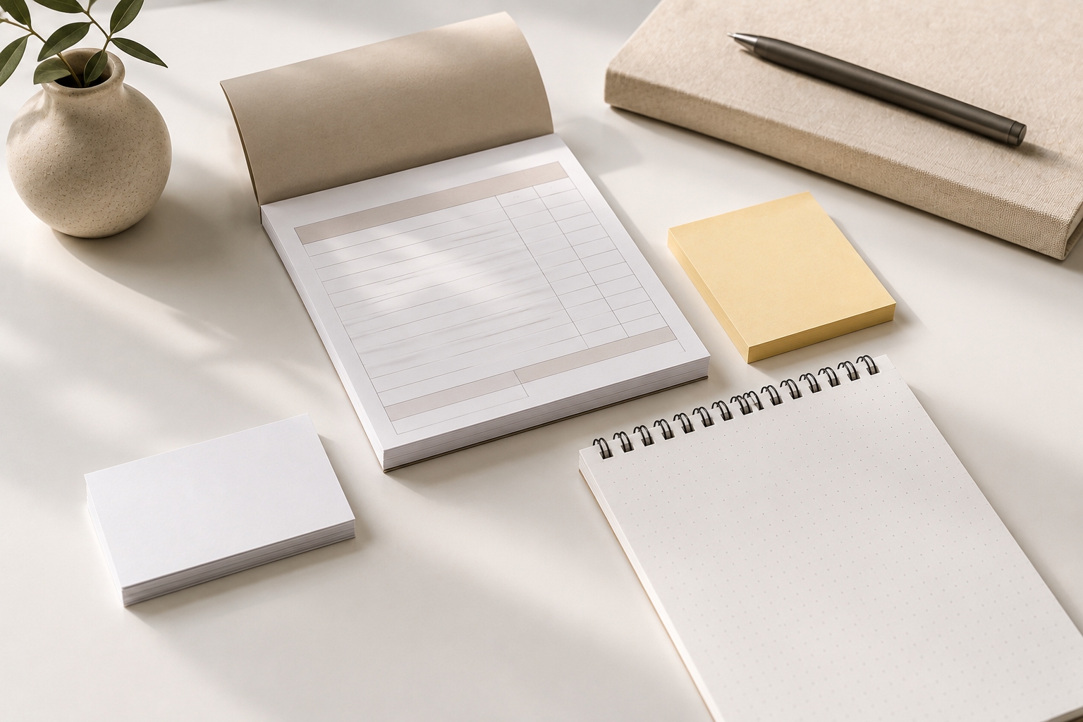 Blocco per appunti, biglietti da visita bianchi, notebook a spirale e post-it su una scrivania