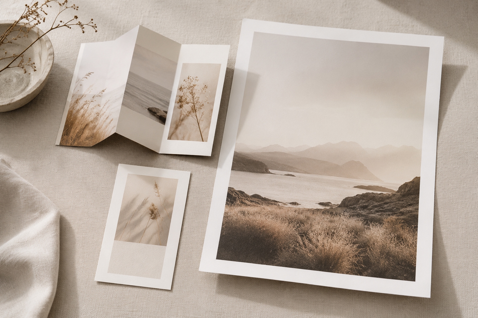 Depliant pieghevole e stampe fotografiche di paesaggi naturali su tessuto beige