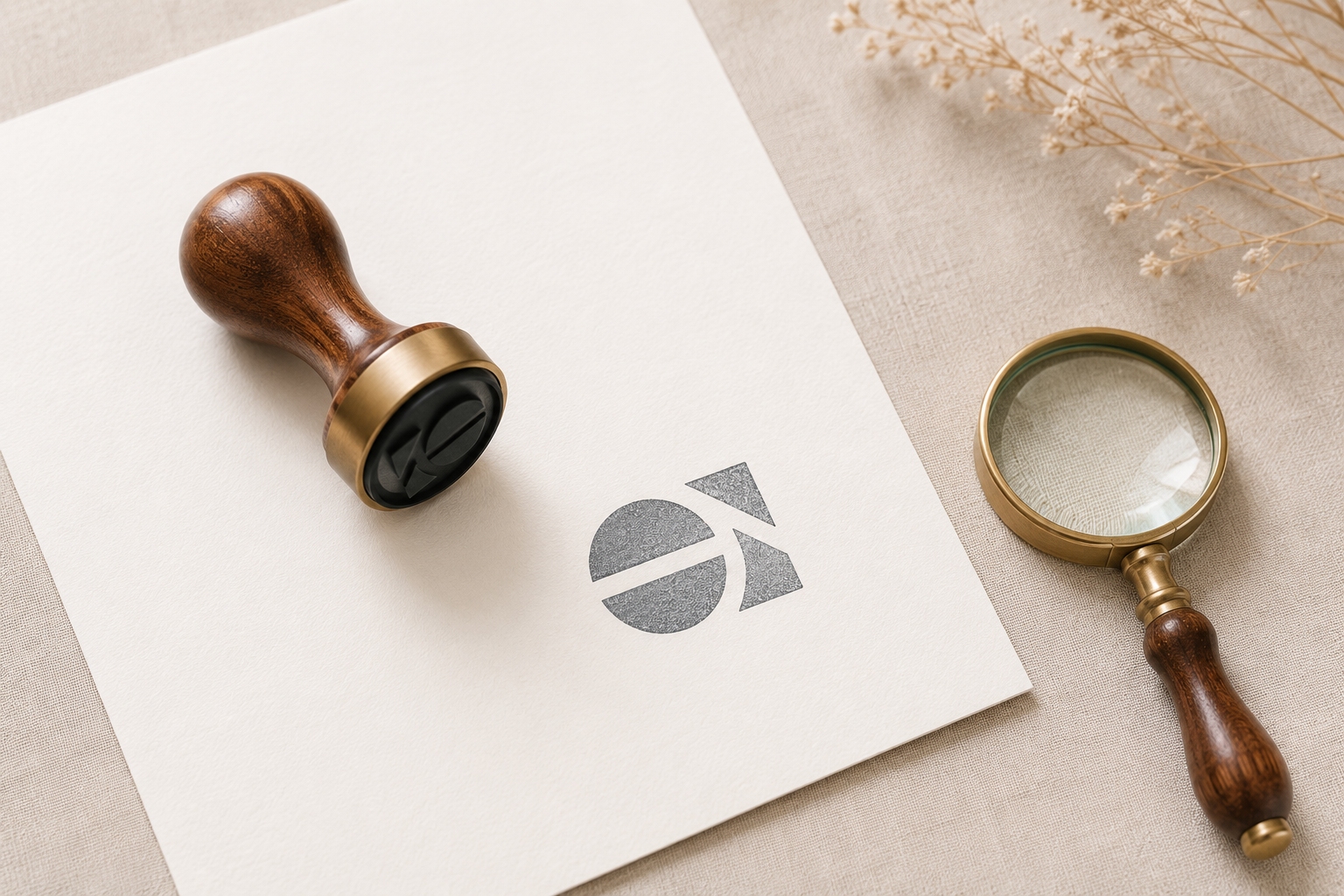 Timbro in legno e ottone che ha impresso il logo Vigraf su un foglio, accanto a una lente d'ingrandimento
