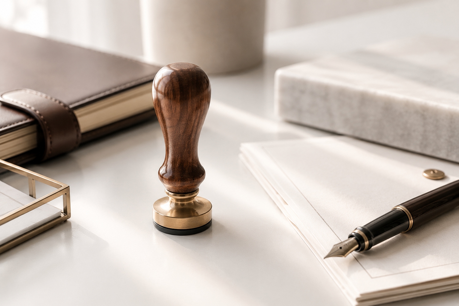 Timbro rotondo con manico in legno e base in ottone accanto a un'agenda in pelle e una penna stilografica