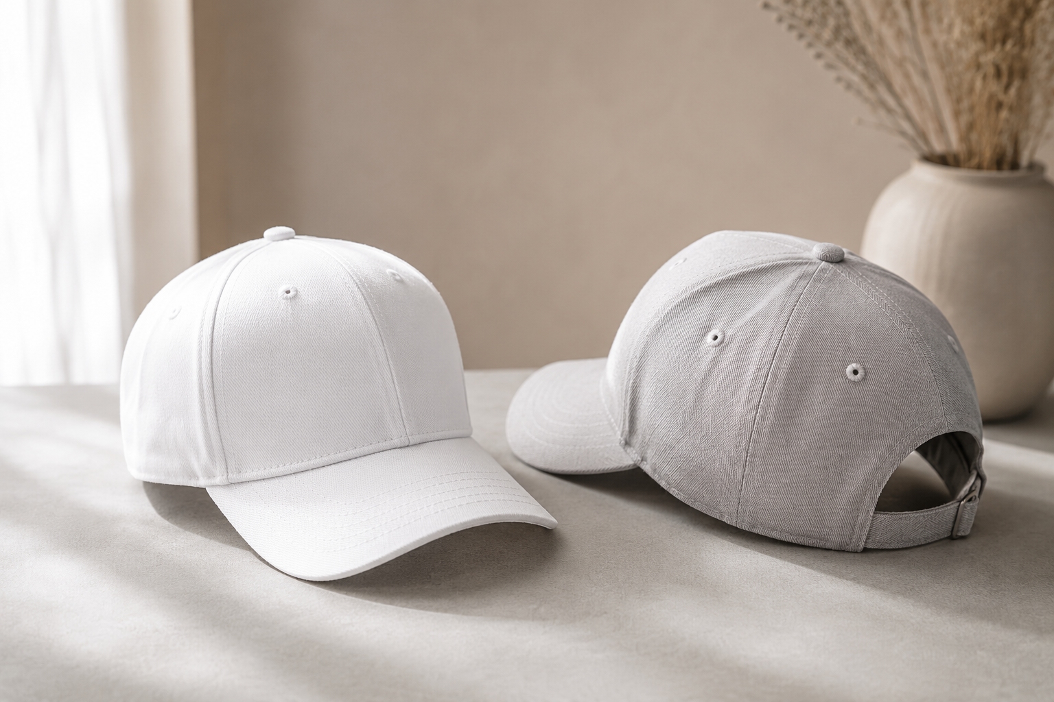 Due cappellini da baseball, uno bianco e uno grigio, su un piano chiaro con vaso decorativo
