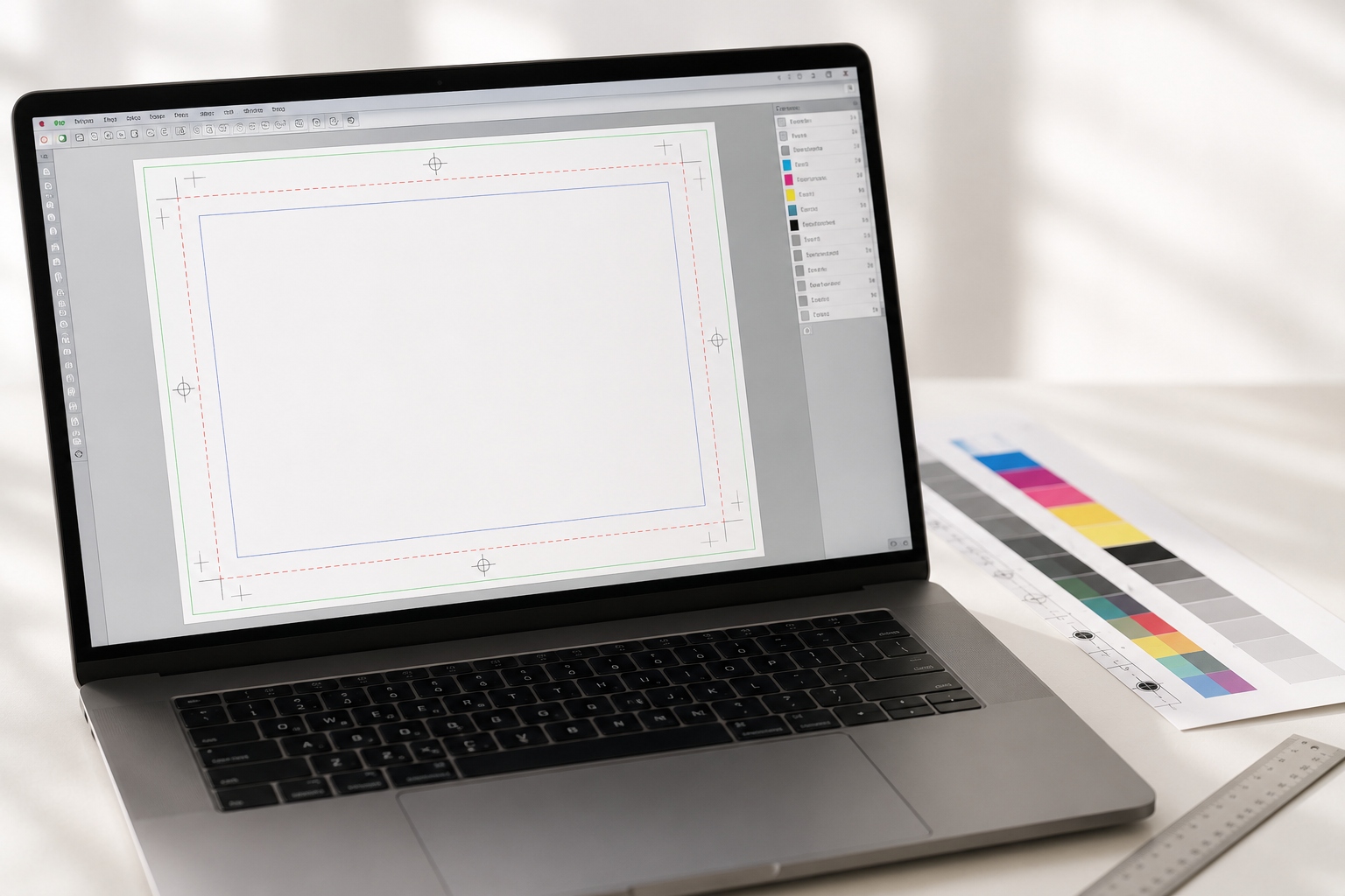 Computer portatile con software di impaginazione grafica aperto e striscia di prova colore CMYK sulla scrivania