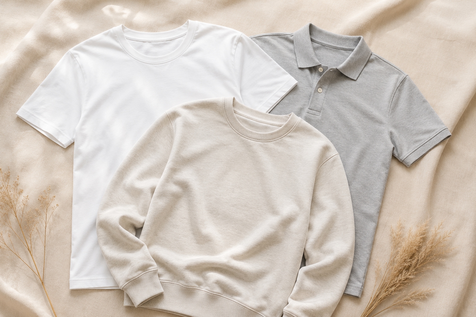 T-shirt bianca, felpa beige e polo grigia disposte su un tessuto color sabbia
