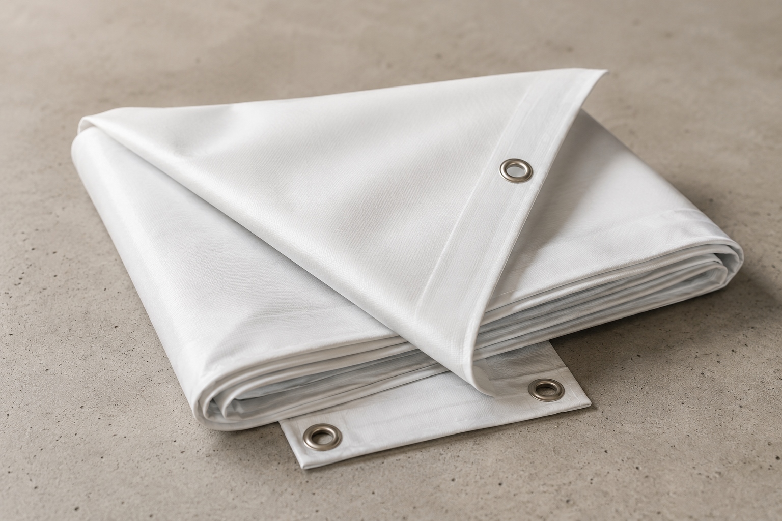 Telone pubblicitario bianco in PVC piegato con occhielli metallici per il fissaggio