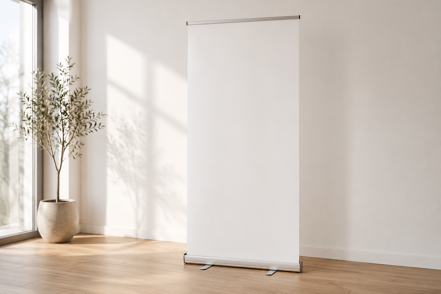 Espositore roll-up con banner bianco vuoto in una stanza luminosa con pianta d'ulivo