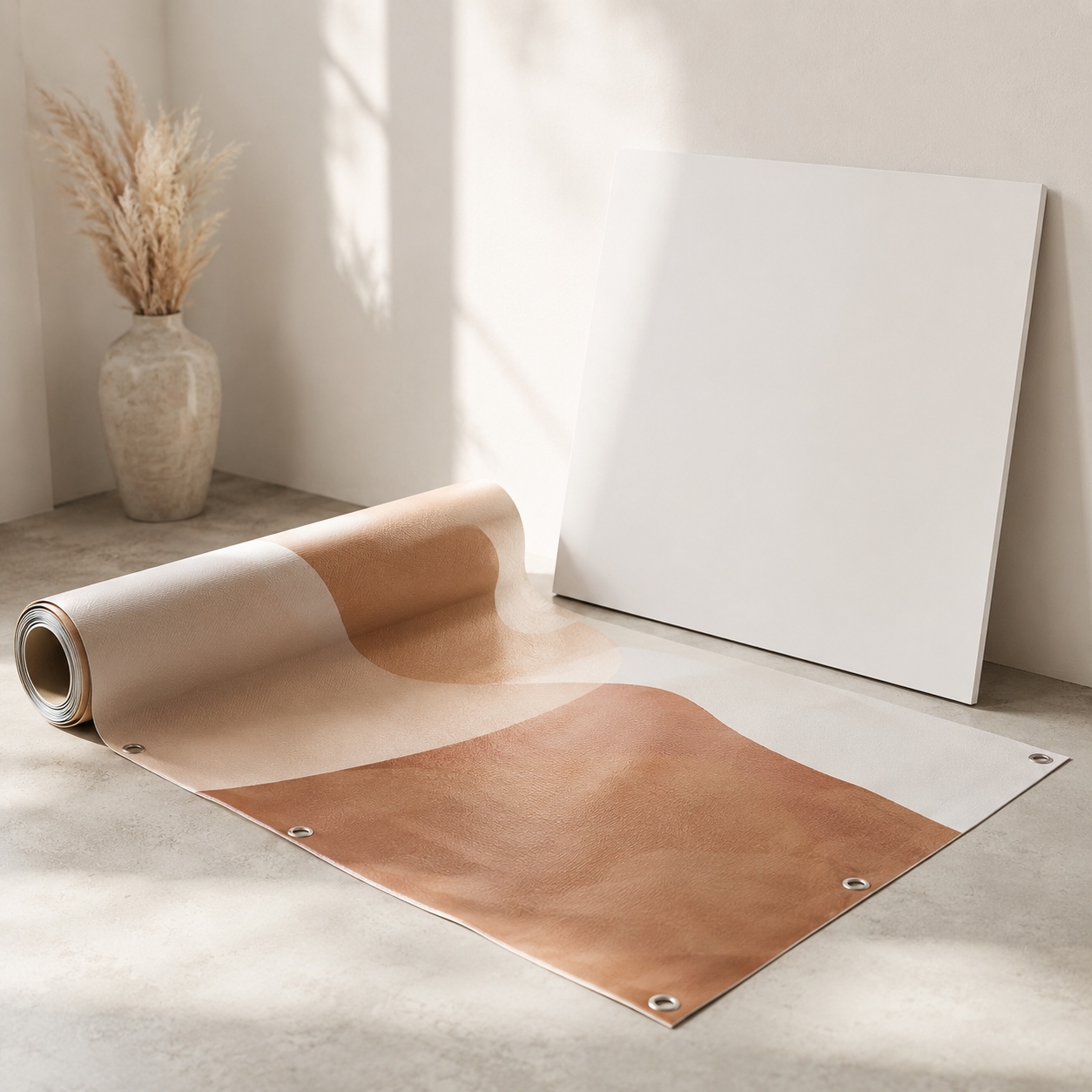 Banner in grande formato arrotolato con occhielli metallici e pannello bianco in cartone appoggiato alla parete