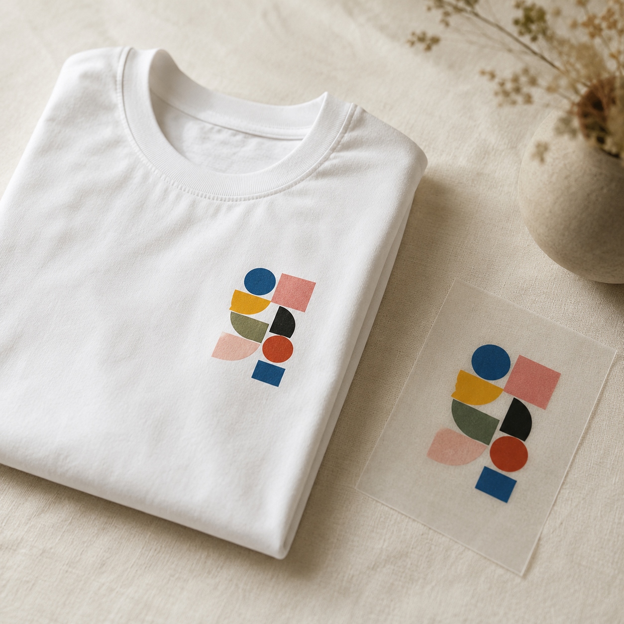T-shirt bianca piegata con stampa colorata a forme geometriche e relativo transfer di stampa a fianco