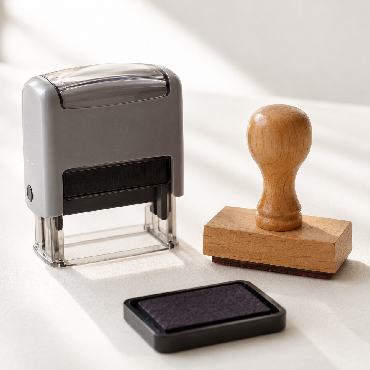 Timbro autoinchiostrante grigio e timbro manuale in legno accanto a un tampone per inchiostro nero